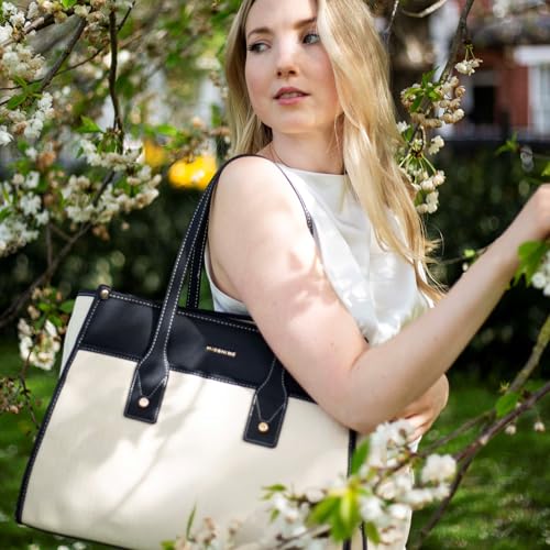 Missnine Tote Bag Canvas Laptop Bag 15.6 inch Work Bags for Women Teacher Bag Casual Computer Shoulder Purse for Office, College, Travel - color: Black+beige