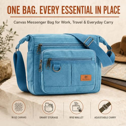 Rfid Crossbody Messenger Bag with Water Bottle Holders, 13 inch Laptop Shoulder Bag, Sling Satchel Purse w/Built-in Wallet - color: Sky Blue
