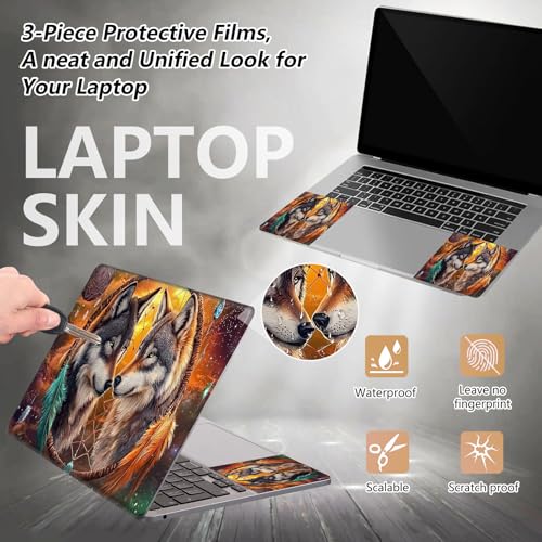 Laptop Skin Sticker for 12.1”-15.6“ Laptops (Fits 13”, 13.3”, 14”, 15”, 15.4”) | Protective Universal Reusable Vinyl Art Decal Cover | Waterproof & Scratch-Resistant-2 Wolves in Dream cathcer - color: 2 wolves in dream cathcer