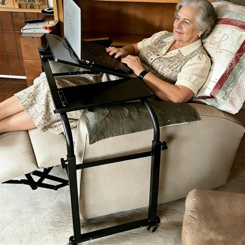 Overbed Bedside Table Over The Bed Table with Wheels Height Adjustable Medical Tilt Top Hospital Bed Table Laptop Standing Lap Desk Cart Table Stand for Bed Hospital Home Office Use Bed Trays Desk - color: Black