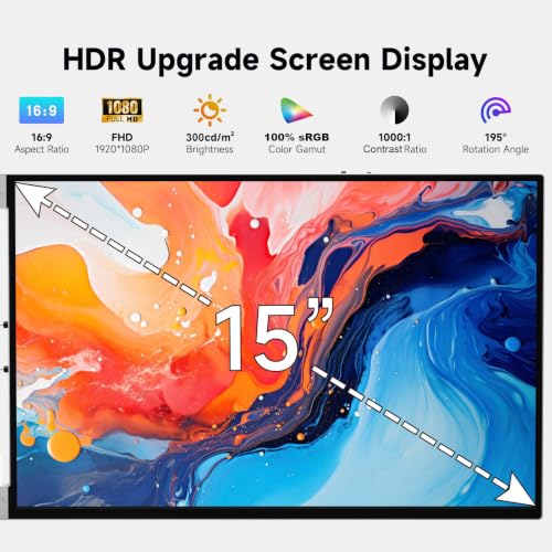 15" Portable Laptop Screen Extender Dual 1080P FHD Triple Monitor | Aluminum Alloy Casing, Tilt Adjustable Stand, Attachment, USB-C, HDMI for 13-16'' Laptops, Leather Case, No Driver - size: 15 inches