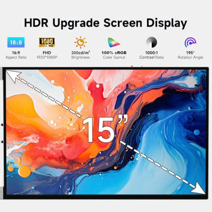 15" Portable Laptop Screen Extender Dual 1080P FHD Triple Monitor | Aluminum Alloy Casing, Tilt Adjustable Stand, Attachment, USB-C, HDMI for 13-16'' Laptops, Leather Case, No Driver - size: 15 inches