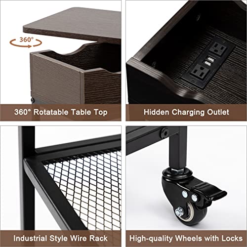 Hadulcet End Table with Charging Station & Rotating Top, Couch End Table, Rotating Swivel Top Side Table for Living Room & Bedroom, Narrow Rolling Side Table on Wheels, Skinny Nightstand, Black Walnut - color: Black Walnut