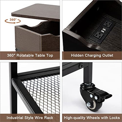 Hadulcet End Table with Charging Station & Rotating Top, Couch End Table, Rotating Swivel Top Side Table for Living Room & Bedroom, Narrow Rolling Side Table on Wheels, Skinny Nightstand, Black Walnut - color: Black Walnut