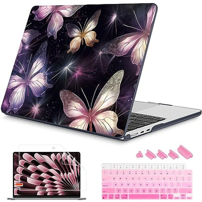 Mektron for 2026/2025/2024/2023 MacBook Air 15 INCH M5 A3448 /M4 A3241 /M3 A3114 /M2 A2941 Case, Printed Plastic Hard Shell Cover with 15.3" Liquid Retina Display Touch ID, Glittering Butterfly - color: Glittering Butterfly