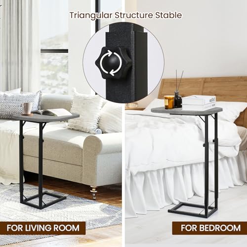 C-Shaped End Table for Couch, Adjustable Sofa Side Table with Sturdy Metal Frame, Small Space Rustic Gray TV Tray Table for Living Room, Bedroom, Bedside, Modern Functional Accent Furniture - color: Rustic Gray