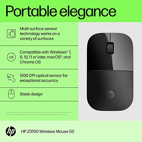 HP Z3700 G2 Wireless Mouse - Onyx Black, Sleek Portable Design fits Comfortably Anywhere, 2.4GHz Wireless Receiver, Blue Optical, for Wins PC, Laptop, Notebook, Mac, Chromebook (681R7AA#ABL) - color: Onyx Black