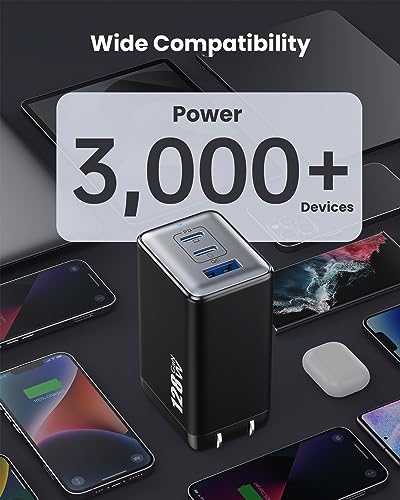 128W USB C Wall Charger,GaN III 3-Port Fast Charging Station,PD QC Foldable Charger Block Portable 65W Laptop Adapter for MacBook Pro/Air,iPad Pro,Galaxy S23,Dell XPS 13,iPhone 17/16/Pro etc - color: Black