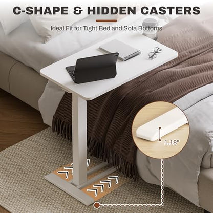 SANODESK 28''Pneumatic Adjustable Overbed Bedside Table with Hidden Casters | Medical Mobile Side End Table Laptop Computer Standing Desk Cart with Tray, Hospital and Home Use(27.6" W x 15.7" D,White) - color: White, size: Small