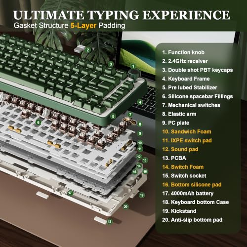 YUNZII B75 PRO Wireless Mechanical Gaming Keyboard | Custom 75% Layout with Knob,Gasket Mount,Hot Swap,Creamy Pre-lubed Switch,BT/USB-C/2.4G (Olive Green, Cocoa Cream V2 Switch) - color: Olive Green, size: Cocoa Cream V2 Switch
