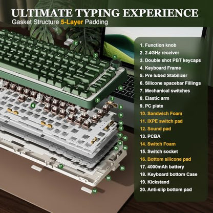YUNZII B75 PRO Wireless Mechanical Gaming Keyboard | Custom 75% Layout with Knob,Gasket Mount,Hot Swap,Creamy Pre-lubed Switch,BT/USB-C/2.4G (Olive Green, Cocoa Cream V2 Switch) - color: Olive Green, size: Cocoa Cream V2 Switch