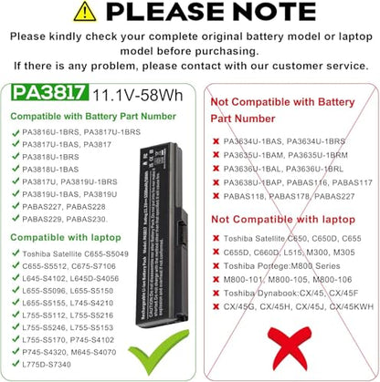 PA3817U-1BRS Battery for Toshiba Satellite L755 C655 M645 L750P L600 L675 L675D L700 L745 L750D L755D M640 P745 Series, Fit PA3818u-1BRS PA3819U-1BRS - size: 7.36x1.75x1.27inch PA3817