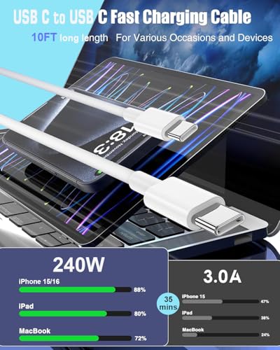 USB C to USB C, 240W USB C Cable, 2-Pack 10ft C to C Cable Fast Charging for MacBook Pro/MacBook Air, iPad Pro/iPad Air, iPhone 16 15 Pro Max Plus, Samsung Galaxy,Compatible 140W/100W/65W/45W/35W/20W - color: White, size: 10Foot