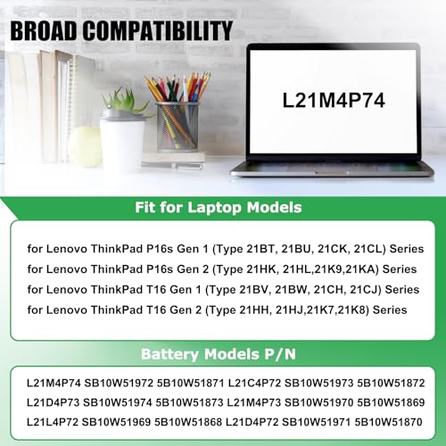 L21M4P74 Laptop Battery Replacement for Lenovo ThinkPad T16 Gen 1 ThinkPad T16 Gen 2 ThinkPad P16s Gen 1 Gen 2 Series Notebook L21D4P73 L21M4P73 L21C4P72 L21D4P72 L21L4P72 15.44V 86Wh - style: Battery L21M4P74