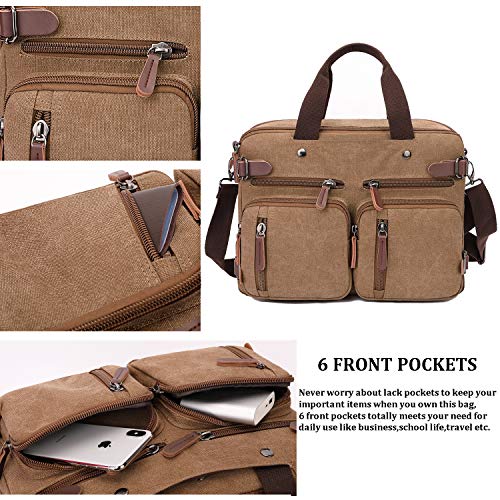 CROCOD 3 In 1 Canvas Convertible Laptop Bag for Men Women, 17.3 inch Laptop Messenger Bag Work Briefcase, Computer Shoulder Bag for Travel Business Office (17.3 Inch, Coffee) - color: Coffee