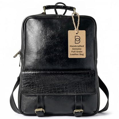 15.6" Luxury Black Leather Laptop Backpack for Men & Women. Leather Bag for Professional Use in Office & Business - color: Black