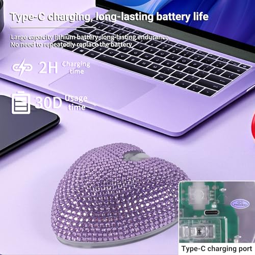 elec Space Wireless Bluetooth Mouse, Silent and Stylish Heart-Shaped Mouse for Laptop, PC - 10m Range (Purple) - color: Purple