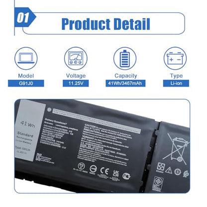 41Wh G91J0 Laptop Battery Compatible with Dell Latitude 3320 3330 3420 3520 Inspiron 3510 3511 3515 3520 3525 3530 5410 5415 5418 5420 5430 14 Plus 7420 2-in-1 Vostro 5620 5625 Series 11.25V 3467mAh - size: 8.41*3.46*0.25 inch G91J0