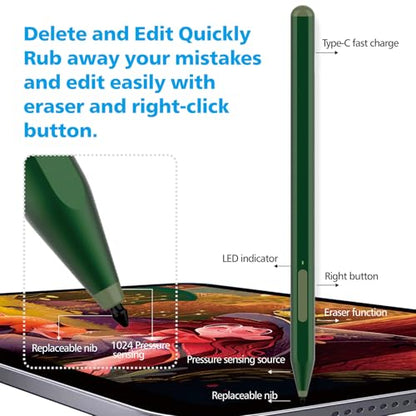 Stylus Pen for Microsoft Surface Pro12/11/10/9/8/X/7+/6/5/4/3, Surface Go 4/3/2/1, Surface Laptop1-5/Studio/Book 3/2/1 with Eraser Side Button,Palm Rejection,Tilt Function,1024 Pressure - color: Green