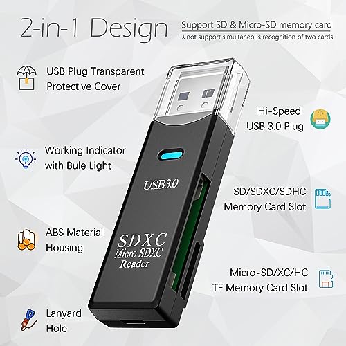 USB3.0 Micro SD Card Reader, 5Gbps 2-in-1 SD Card Reader to USB Adapter, Wansurs Memory Card Reader for SDXC, SDHC, MMC, RS-MMC, Micro SDXC, Micro SD, Micro SDHC and UHS-I Cards (1Pack Black) - color: USB3.0 Black 1 Pack