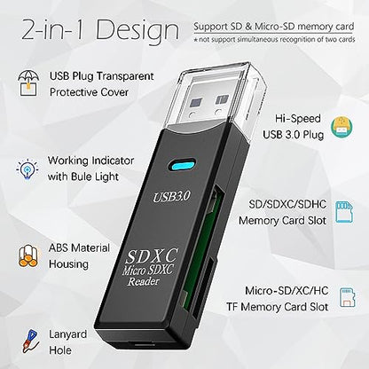 USB3.0 Micro SD Card Reader, 5Gbps 2-in-1 SD Card Reader to USB Adapter, Wansurs Memory Card Reader for SDXC, SDHC, MMC, RS-MMC, Micro SDXC, Micro SD, Micro SDHC and UHS-I Cards (3Pack Black)