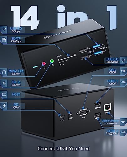 UtechSmart DisplayLink Docking Station, 14 in 1 Laptop USB C Docking Station Triple Monitors, Universal for MacBook and Windows,USB C Dock with USB-A & Cable, 2HDMI, VGA, 4USB-A - color: Black
