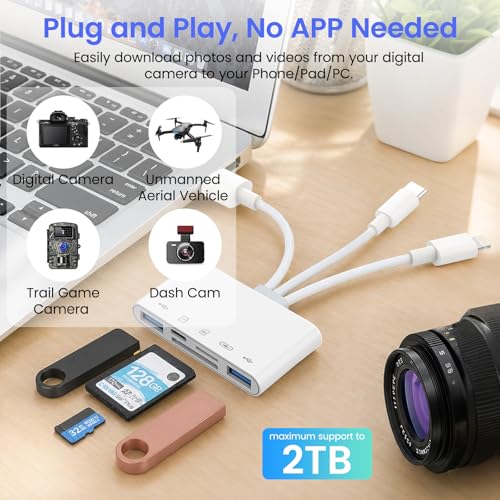 5-in-1 Memory Card Reader, USB OTG Adapter & SD Card Reader for iPhone iPad Mac USB C and USB A Devices with 5 Slots of PD 60W/Dual USB/TF/SD Card, Camera Adapter Supports SD/Micro SD/SDHC/SDXC/MMC