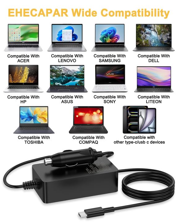 118W 100W USB-C Car Laptop Charger Compatible with HP Spectre/Elitebook,Dell Latitude/XPS,Lenovo ThinkPad/Yoga/IdeaPad,MacBook Pro,Acer Chromebook/Swift,Google,iPad,Samsung Galaxy Power Cord
