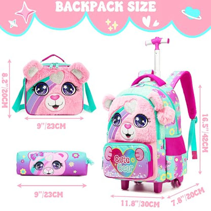 Meetbelify Cute Pink Bear Rolling Backpack with Wheels for Girls School Rolling Backpack Kids Travel Luggage for Girls Ages 5-12 - color: 01 Bear