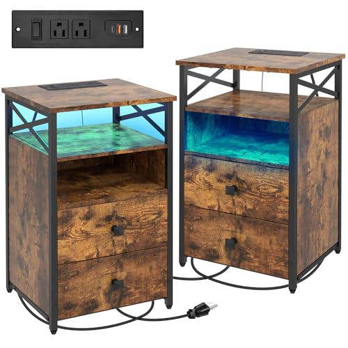Livofloral LED Nightstand with Charging Station, Nightstand Set of 2 with Wood Drawers, End Tables Living Room Set 2 with Storage, Farmhouse End Table Set of 2, Bedside Table for Bedroom, Brown - color: Brown, size: 2 Pack without Wireless Charging