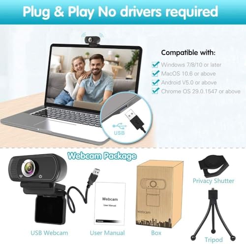 ZIQIAN 1080P Webcam with Microphone, USB Web HD Camera for PC, Laptop&Mac | 110° Wide Angle Computer Webcam with Privacy Cover & Tripod, Streaming Webcam for Zoom, Twitch, Teams, YouTube, Plug & Play - color: Black
