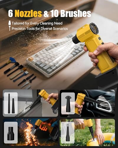Compressed Air Duster, 130,000RPM Ultra-Powerful Electric Air Duster | Compatible with DEWALT 20V/60V Max Battery, 4-Gear Adjustable Air Blower for Computer/Keyboard/Car/Home (No Battery Included) - color: Yellow