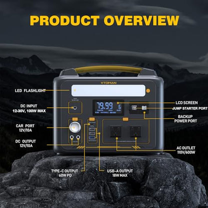 VTOMAN Jump600X 600W Portable Power Station with 640Wh Extra Battery, 939Wh Solar Generator LiFePO4 Battery, Peak 1200W AC Outlet, PD 60W USB-C, 3x12V/10A DC for Outdoor Camping, Off-grid, Home Backup - style: Jump 600X+Extra Battery