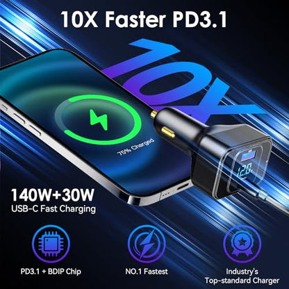 Fast Car Charger for iPhone 17 Sumsung Fast Charging Cigarette Lighter Adapter Accessories, Multi Device Family Travel Road Trip Essentials, 170W USB C 12V-24V 140W PD3.1, LED Display