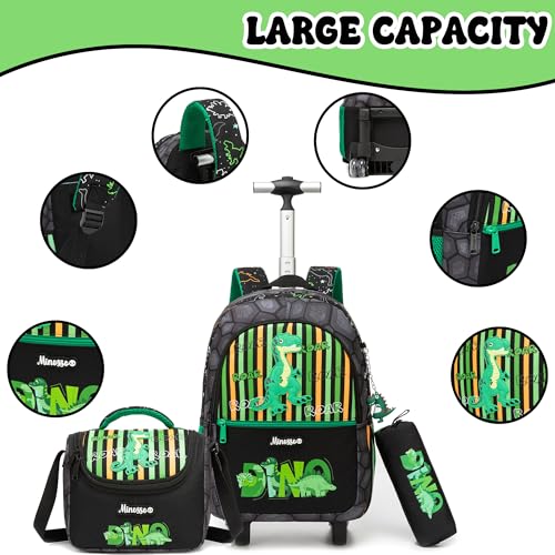 Kids Rolling Backpack for Boys 16.5" School Roller Backpack with Lunch Box, Toddler Backpacks with Wheels Rollig Wheeled Backpacks for Elementary School - color: Green Dinosaur