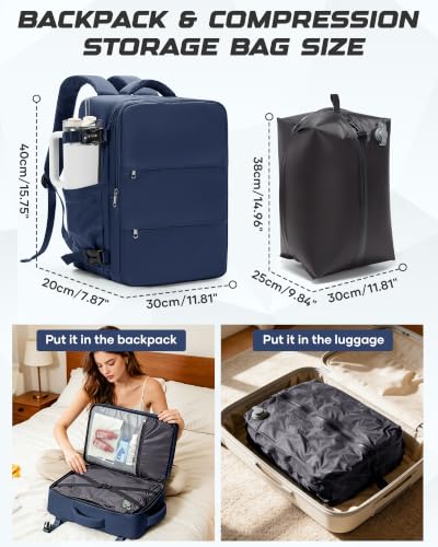 Travel Backpack for Women Men with Compression Vacuum Storage Bag & Electric Pump, Flight Approved Carry On Backpack, Frontier Spirit Airlines Personal Item Bag 18x14x8, Navy Blue - color: Navy Blue