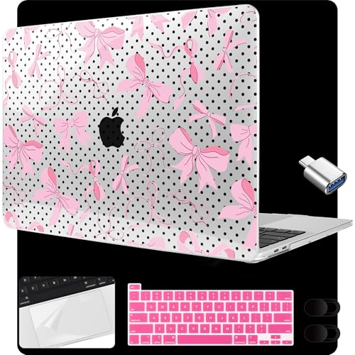 MEEgoodo for MacBook Pro 13 inch Case 2022 2021 2020 A2338 M2/M1 A2251 A2289 with Touch ID,Clear Laptop Shell Cases with Keyboard Webcam Cover&Trackpad Film& Type C Adapter, Black Polka Dots&Pink Bows - color: Black Polka Dots&Pink Bows