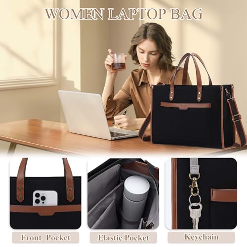 RAVUO Laptop Tote Bag Women, Water Resistant 15.6 Inch Large Canvas Handbag Business Briefcase With Detachable Shoulder Strap - color: Brown With Wallet Purse
