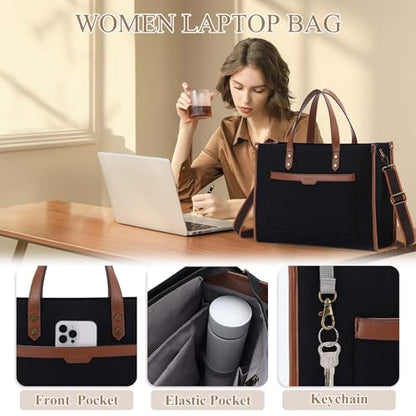 RAVUO Laptop Tote Bag Women, Water Resistant 15.6 Inch Large Canvas Handbag Business Briefcase With Detachable Shoulder Strap - color: Brown With Wallet Purse