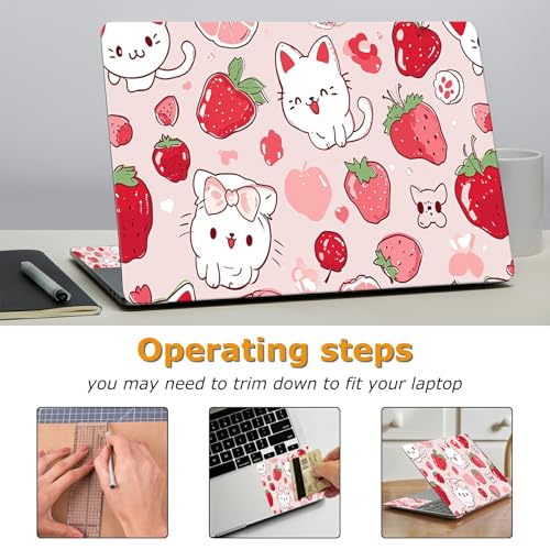 Universal Laptop Skin Sticker with 2 Wrist Pad Decals, 3-Piece Removable Vinyl Laptop Cover, Strawberry Cat Waterproof Anti-Scratch, Easy-Trim Fit for 13.3" 14" 15.6" Laptops - color: Strawberry Cat