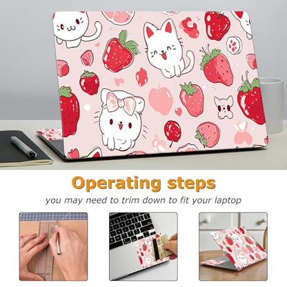Universal Laptop Skin Sticker with 2 Wrist Pad Decals, 3-Piece Removable Vinyl Laptop Cover, Strawberry Cat Waterproof Anti-Scratch, Easy-Trim Fit for 13.3" 14" 15.6" Laptops - color: Strawberry Cat