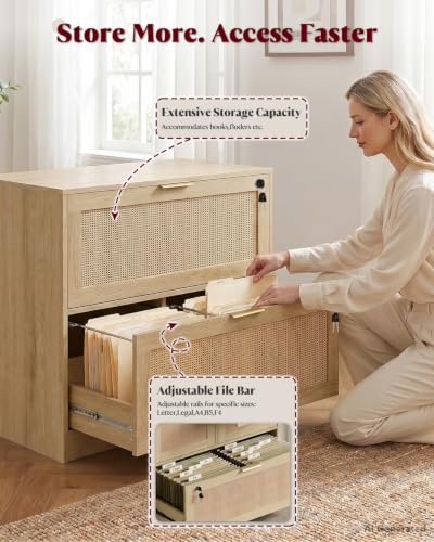 HOPUBUY 2 Drawer File Cabinet with Lock, Printer Stand Lateral | Home Office and School, Wood Rattan Filing Cabinet for Hanging Files/Letter/Legal/A4/F4 Size, Natural, 2Drawer, Set of 2 - color: Natural, size: Set2