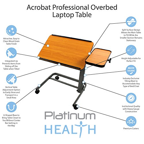 Acrobat Overbed Table with Wheels, Adjustable Rolling Bed Table | Adjustable Table for Bed or Chair - White, adjustable height, foldable, cutout seat, cutout U-shape, 31.5 x 15.5 in - color: White Birch