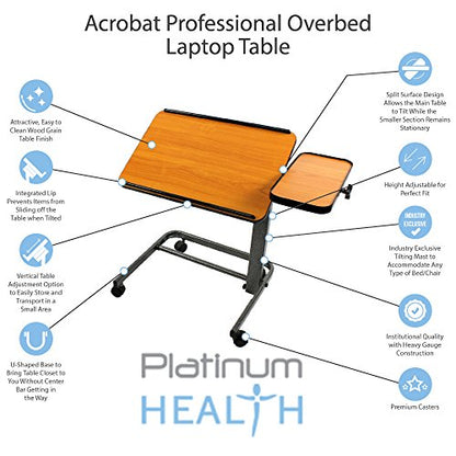 Acrobat Overbed Table with Wheels, Adjustable Rolling Bed Table | Adjustable Table for Bed or Chair - White, adjustable height, foldable, cutout seat, cutout U-shape, 31.5 x 15.5 in - color: White Birch