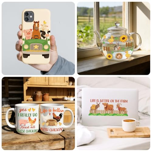 Peacoblue UV DTF Cup Wraps Transfer Stickers Farm Animals and Chickens Pattern, 10 Sheets Waterproof Custom Vinyl Transfer Sticker 16oz Coffee Glass Cup Tumbler Bottle Mug Decals for Men Women - style: Farm Animals and Chickens