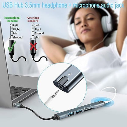 QIANRENON 5 in 1 USB Docking Station Hub USB 2.0 to USB 2.0 TRRS 3.5mm Audio TF/SD Card Reader Multi Function Port Replicator Adapter, for Laptop TF/SD Memory Card ISO 4 Pole Headphone