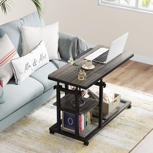Tribesigns Height Adjustable C Table with Wheels, Mobile Couch Snack Side Table with Tiltable Drawing Board, Sofa Bedside Laptop Stand C Shaped TV Tray with Storage Shelves (Grey) - color: Grey+black