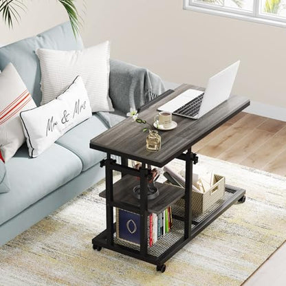 Tribesigns Height Adjustable C Table with Wheels, Mobile Couch Snack Side Table with Tiltable Drawing Board, Sofa Bedside Laptop Stand C Shaped TV Tray with Storage Shelves (Grey) - color: Grey+black