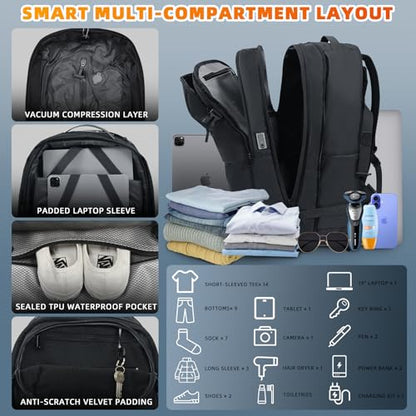 Vacuum Rolling Backpack, 60L Expandable Carry-On with Pump, TSA Lock & USB Port, Water-Resistant Travel Bag with 19" Laptop Compartment for Commute, Outdoor & Family Trips, Men Women