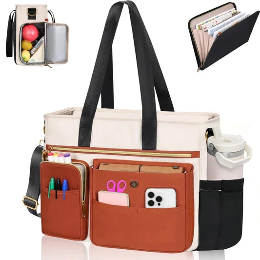 ESTARER Teacher Tote Bag for Women 2Pcs,15.6'' Laptop Work Bag Computer Bag w/File Folder & Insulated Pocket, Large Water-resistant Messenger Shoulder Bag for Office/Travel/College,Black-Beige-Brown - color: Black-white-brown, size: 15.6